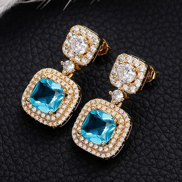 💥 Blue Rhinestone Crystal Drop Earring for women Bridal CZ Gold Plated, HA4515 - Picture 4 of 4